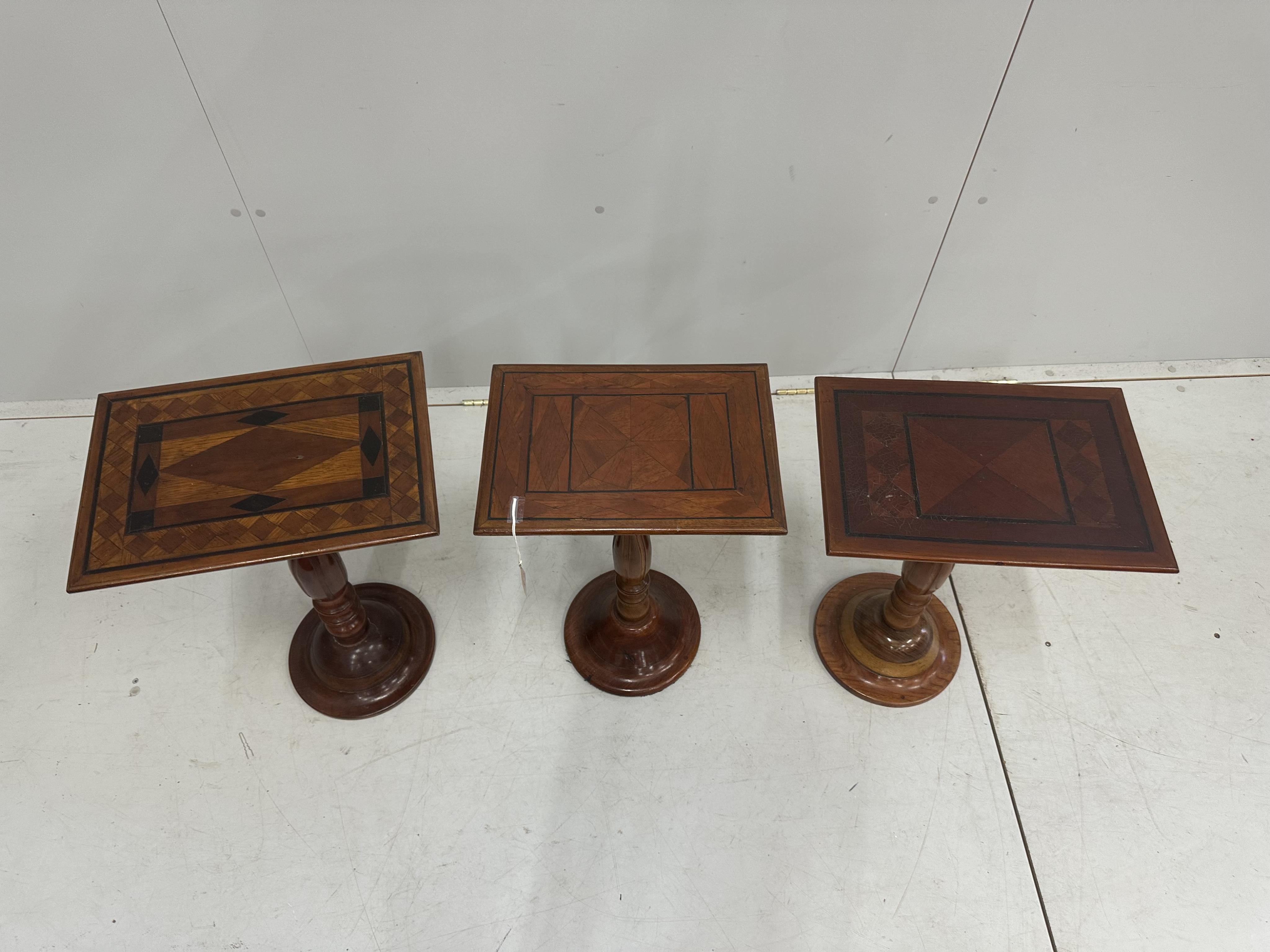 Three Victorian style rectangular parquetry wine tables, largest 40cm, depth 29cm, height 59cm. Condition - fair